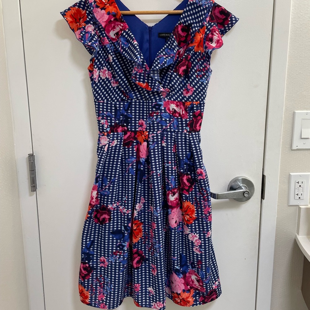Chris McLaughlin Floral and Checkered Dress w/Pockets and Ruffle Detail,‎ Size 6
